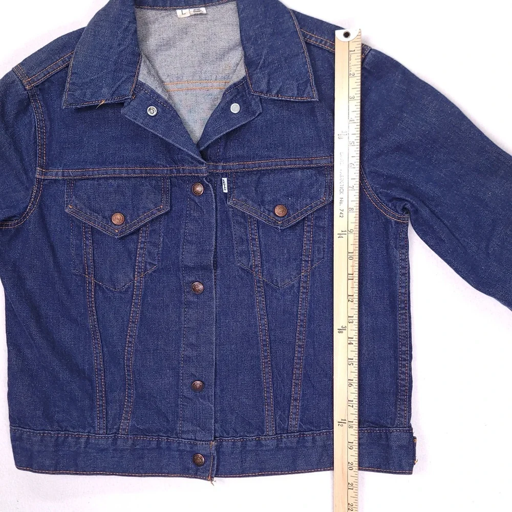 Vintage Levis Gals Denim Trucker Jacket Dark Wash White Tab‎ Big E Size L 70s